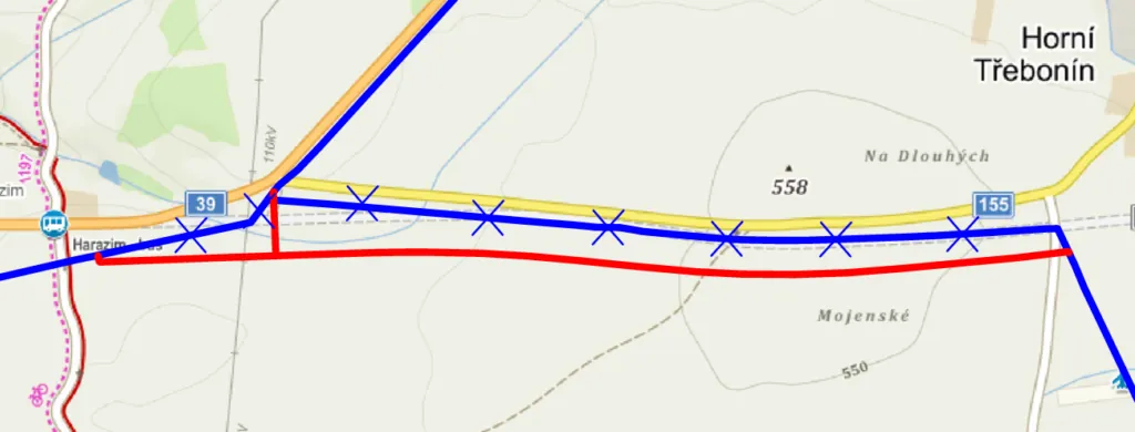 Přeložka VTL I/39 Třebonín – Rájov – trasa plynovodu na ortofotomapě